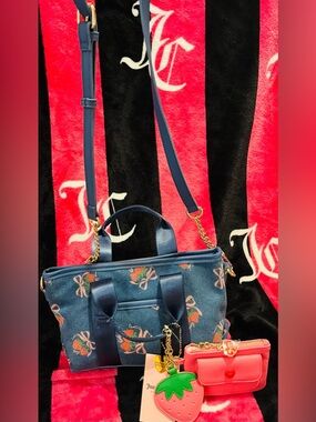 Juicy Couture Blue Floral Bow Shoulder Bag with Pink Wallet & Strawberry Charm